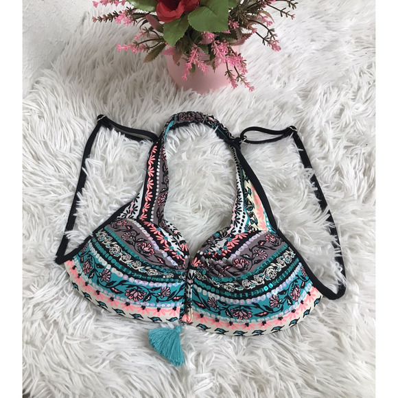 VGT Catalina S/CH (3-5) black SEQUINED Green push-up underwire bandeau top swim - Picture 1 of 6